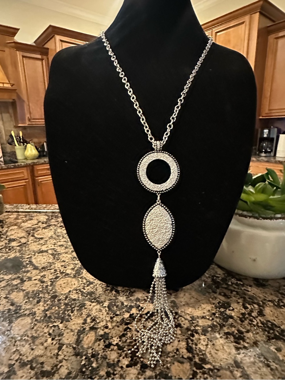 Erica Lyons, NWT, long‎ silver black tassel pendant sweater necklace